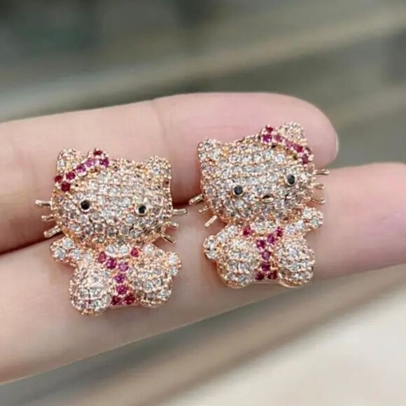 Hello Kitty Bling Sparkling Rose Gold Diamond Earrings - Picture 1 of 1
